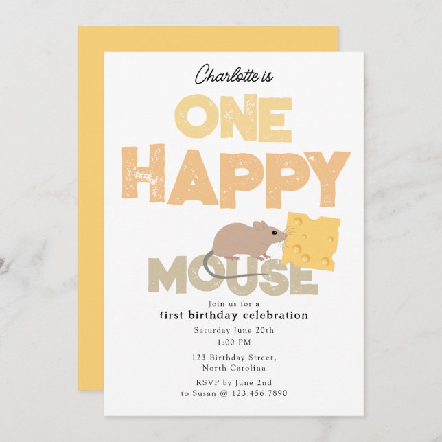 One Happy Mouse Invite 1st Cute Birthday (Front/Back)