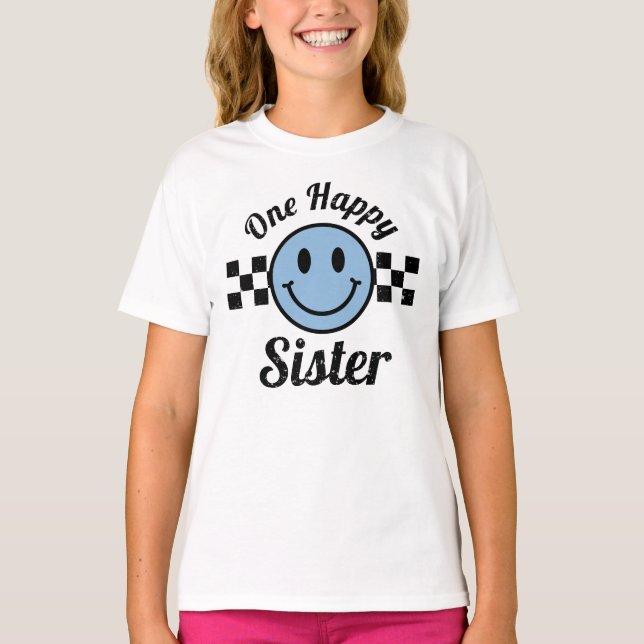 One Happy Sister Blue Smile Birthday Matching T-Shirt (Front)