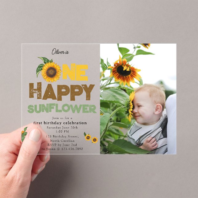 One Happy Sunflower 1st Summer Birthday Photo Acrylic Invitations (Insitu (Handheld))