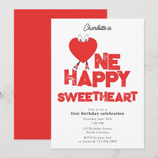 One Happy Sweetheart Invite 1st Girl Birthday (Front/Back)