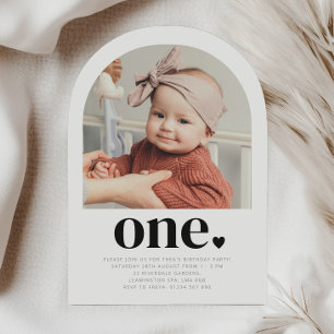 One Heart Arch Photo First Birthday Invitation