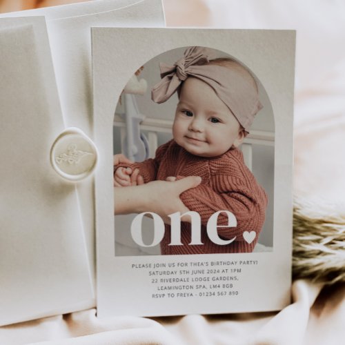 One Heart Arched Photo First Birthday Invitation