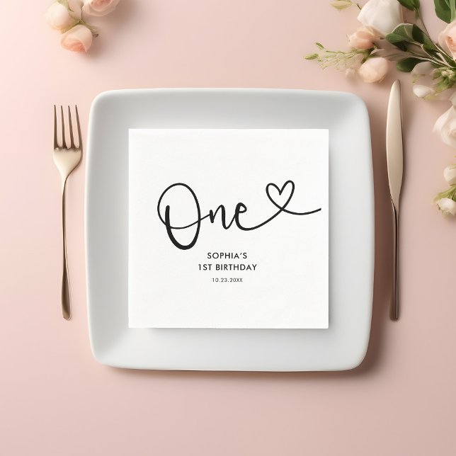 One Heart Calligraphy 1st Birthday Napkins (Creator Uploaded)