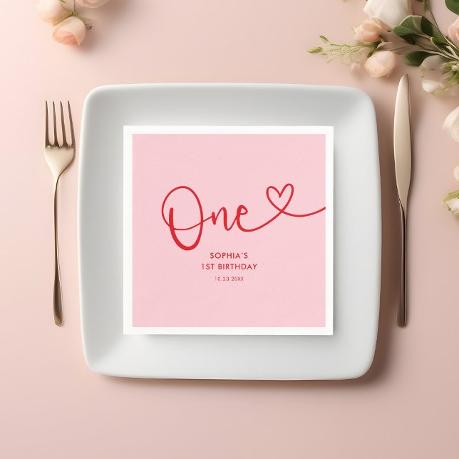 One Heart Calligraphy 1st Birthday Pink Red Napkins (Creator Uploaded)