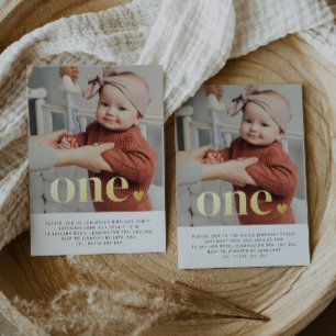 One Heart Photo First Birthday Gold Foil Invitation