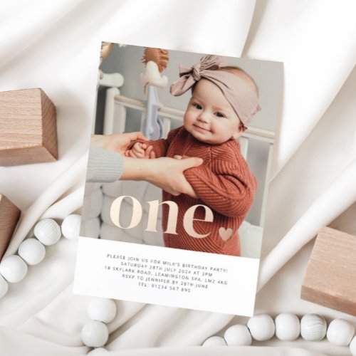 One Heart Photo First Birthday Rose Gold Foil Invitation