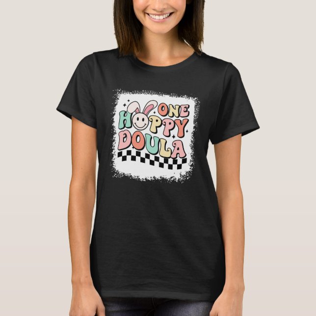 One Hoppy Doula Retro Easter Checkered Midwife Bir T-Shirt (Front)