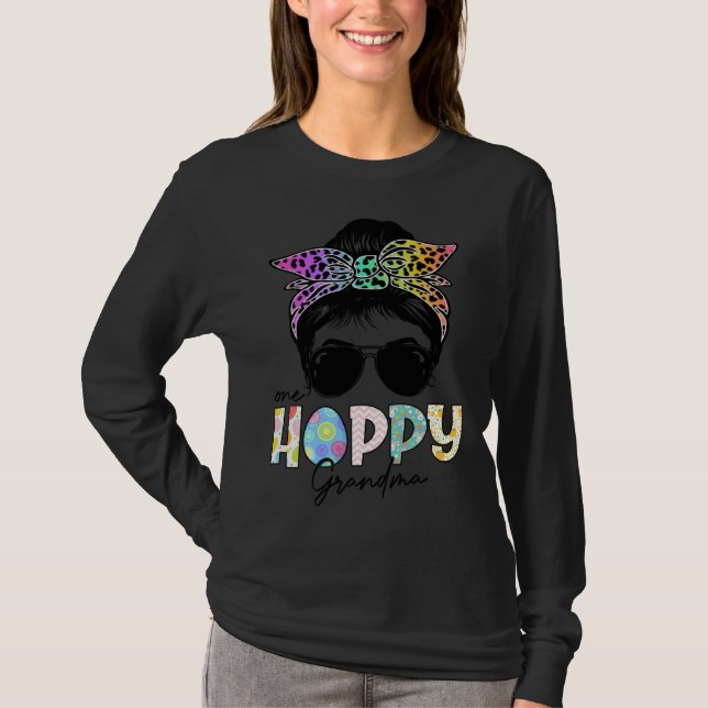 One Hoppy Grandma Leopard Messy Bun Easter Day T-Shirt (Front)