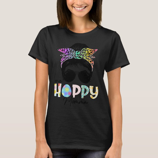 One Hoppy Momma Leopard Messy Bun Easter Day T-Shirt (Front)