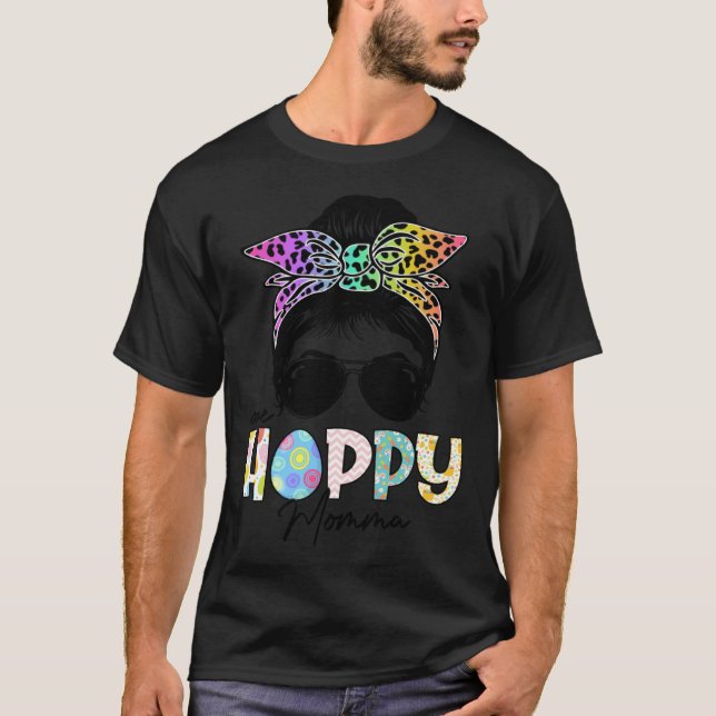 One Hoppy Momma Leopard Messy Bun Easter Day T-Shirt (Front)