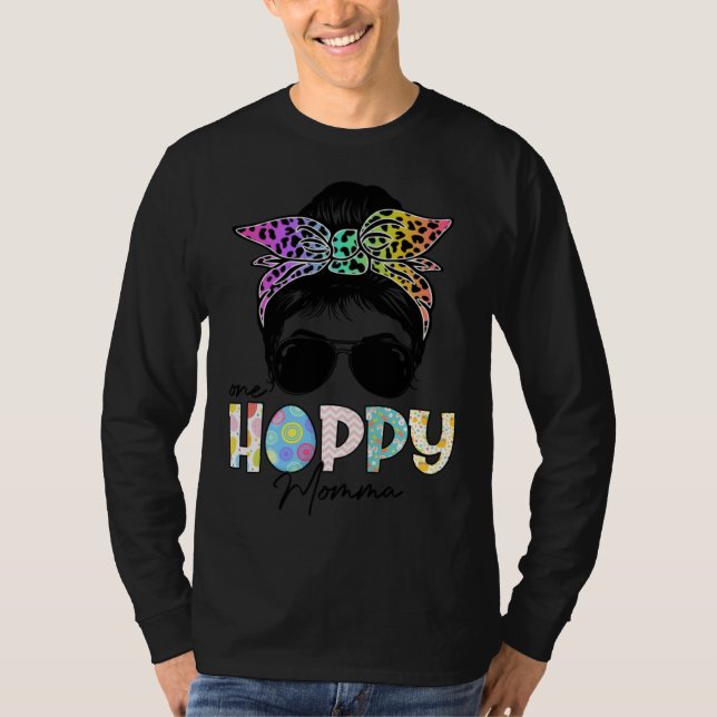 One Hoppy Momma Leopard Messy Bun Easter Day T-Shirt (Front)