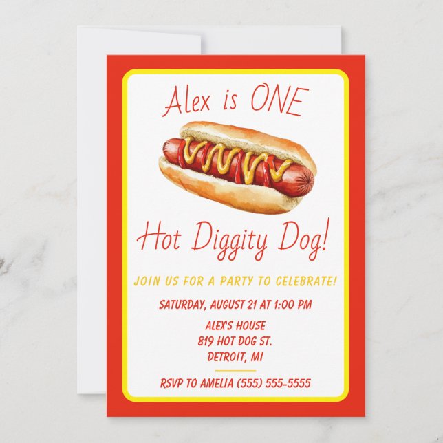 One Hot Diggity Dog! Hot Dog First Birthday Party Invitation (Front)