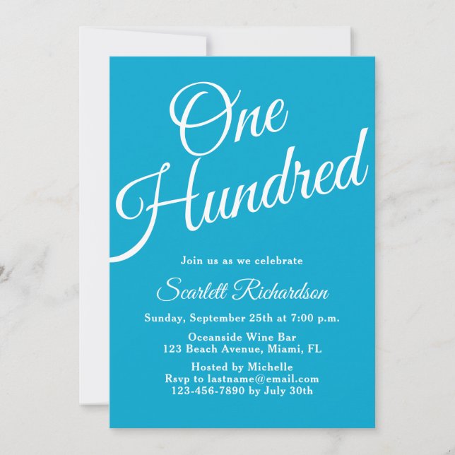 One Hundred Script Aqua Blue 100th Birthday Party Invitation (Front)