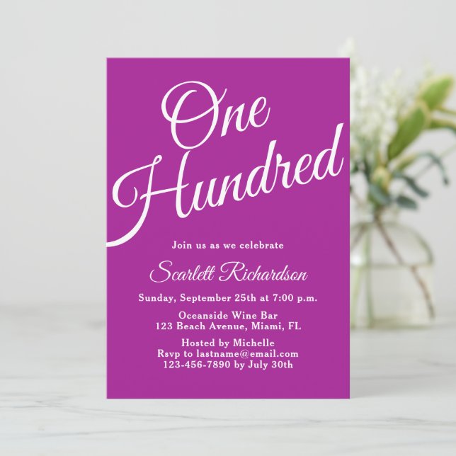 One Hundred Script Dark Pink 100th Birthday Invitation (Standing Front)