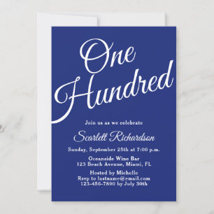 One Hundred Script Navy Blue 100th Birthday Party Invitation