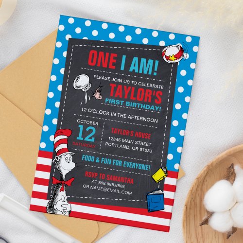 One I Am  Cat in the Hat Chalkboard Birthday Invitation