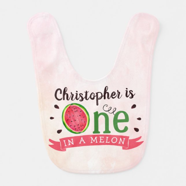 One In A Melon 1st Birthday Baby Bib (Front)