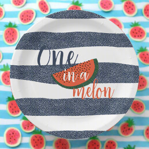 One in a Melon 1st Birthday Baby Boy Blue Striped Paper Plates
