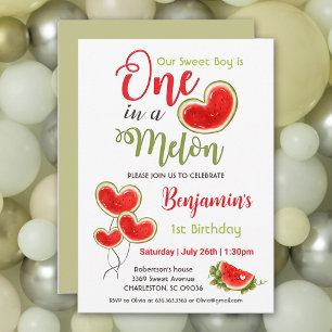 One In A Melon 1st Birthday Boy Invitation
