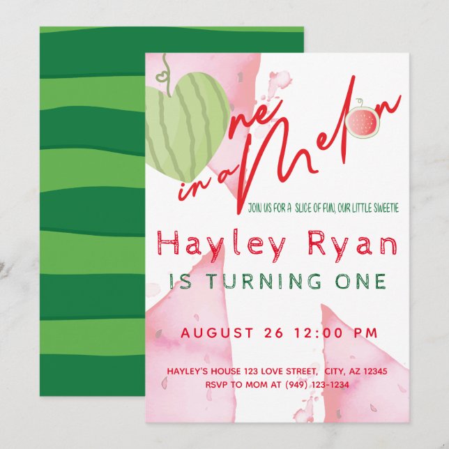 One In a Melon 1st Birthday Invitation (Front/Back)