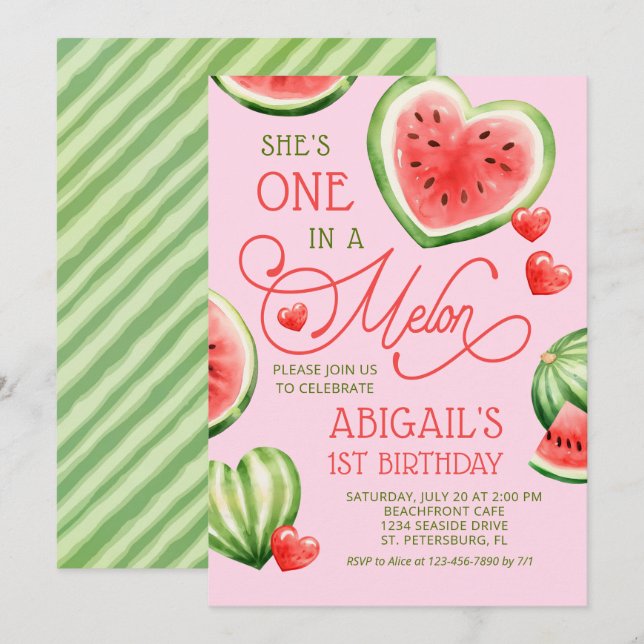 One in a Melon 1st Birthday Invitation (Front/Back)