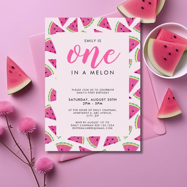 One in a melon 1st birthday invitation (One in a Melon, watermelon themed girls first birthday invitation)