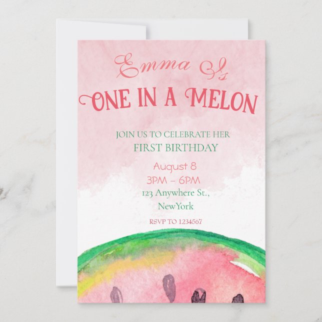 One in a melon 1st birthday invitations with photo (Front)