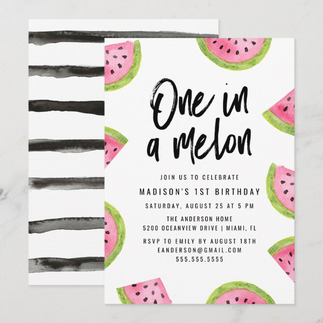 One in a Melon 1st Birthday Party Invitation (Front/Back)