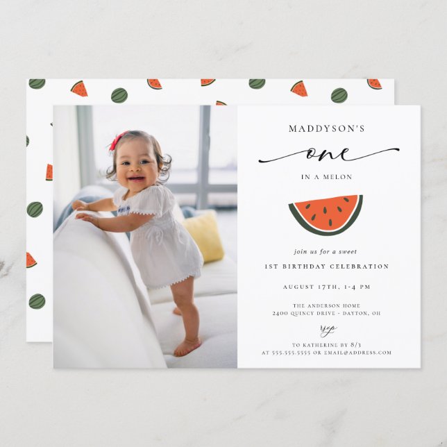 One In A Melon 1st Birthday Party Photo Invitation (Front/Back)