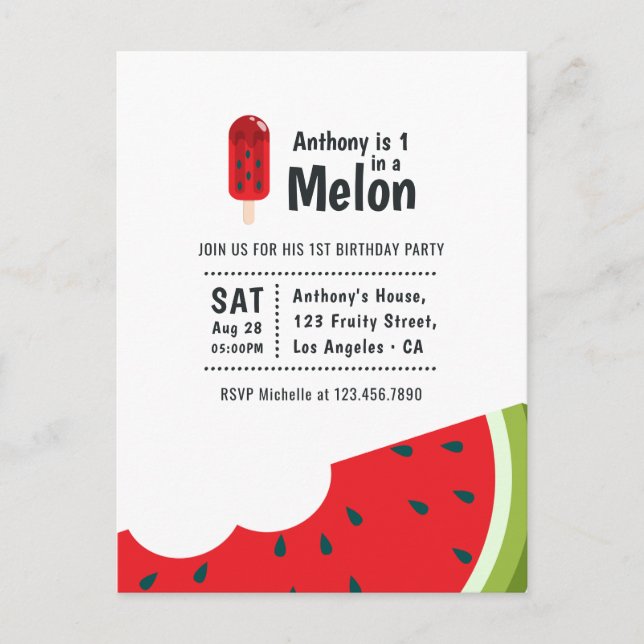 One in a Melon 1st Birthday Party Postcard (Front)
