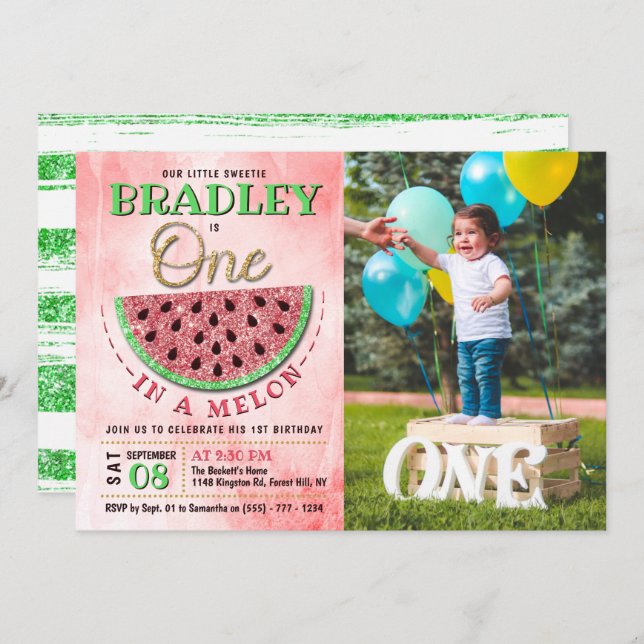 One In A Melon 1st Birthday Photo Invitation (Front/Back)