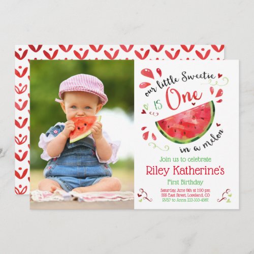 One in a Melon 1st Birthday Photo Red Watermelon Invitation