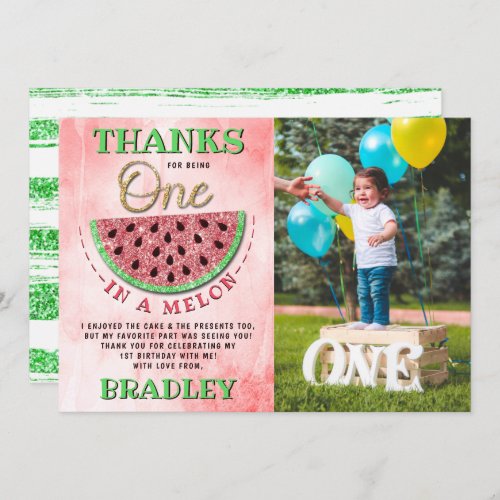 One In A Melon 1st Birthday Photo Thank You Card