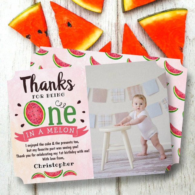 One In A Melon 1st Birthday Photo Thank You Card (Creator Uploaded)