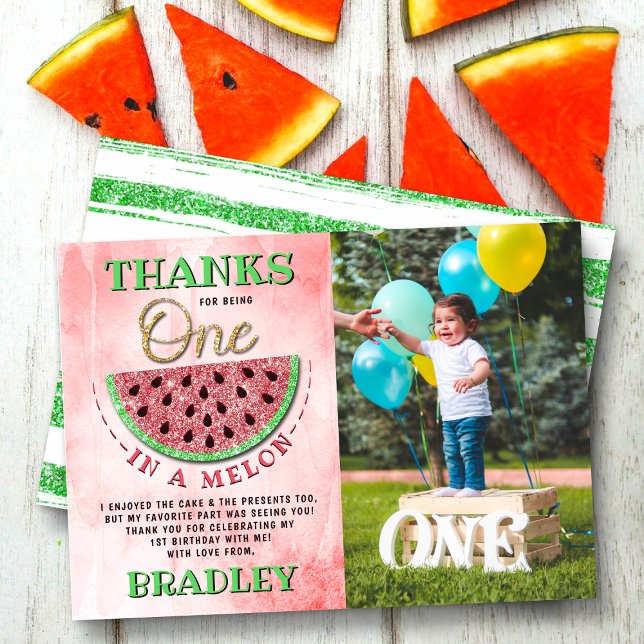 One In A Melon 1st Birthday Photo Thank You Card (Creator Uploaded)