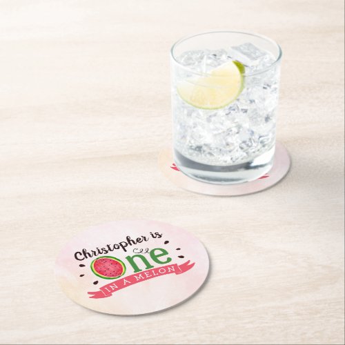One In A Melon 1st Birthday Round Paper Coaster