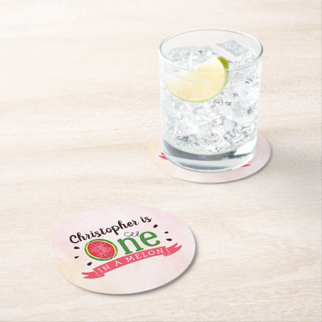 One In A Melon 1st Birthday Round Paper Coaster (Insitu)