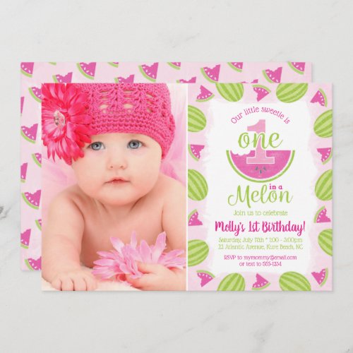 One in a Melon 1st Birthday Watercolor Photo Invitation