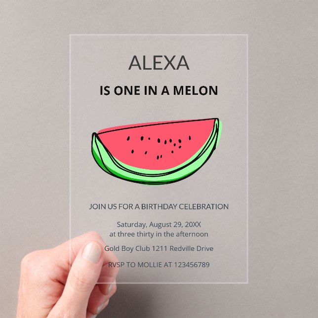 One in a Melon 1st Birthday Watermelon Birthday Acrylic Invitations (Insitu (Handheld))