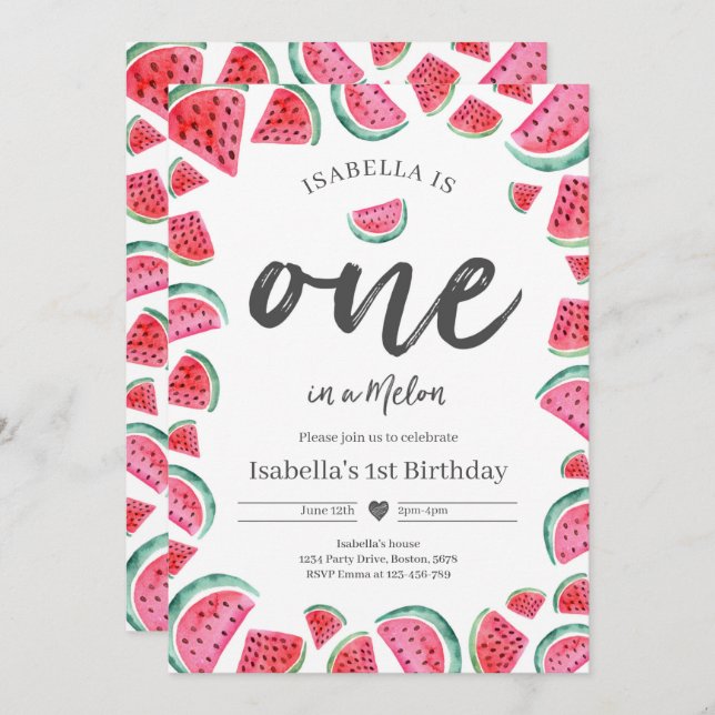 One In A Melon 1st Birthday Watermelon Birthday Invitation (Front/Back)
