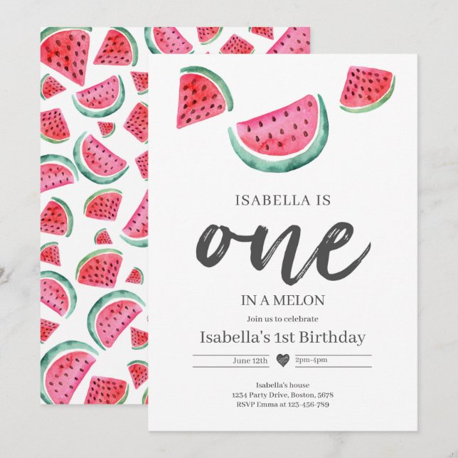 One In A Melon 1st Birthday Watermelon Birthday Invitation (Front/Back)