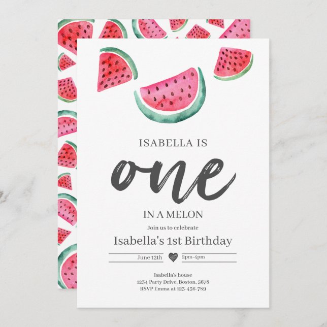One In A Melon 1st Birthday Watermelon Birthday Invitation (Front/Back)