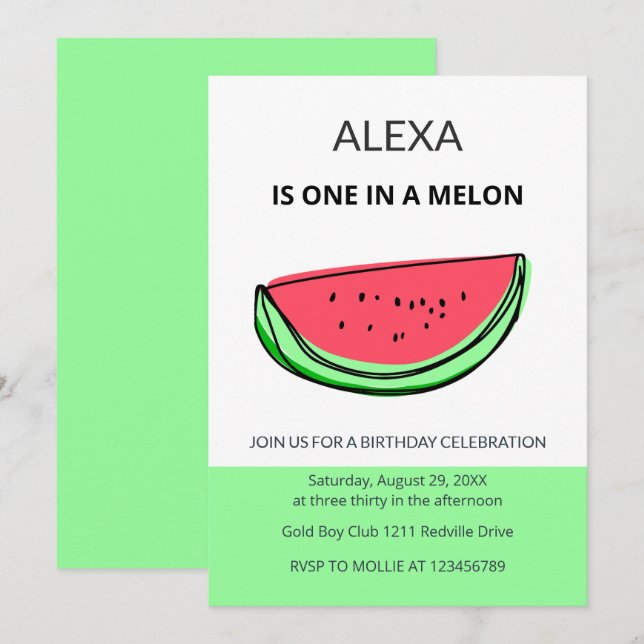 One in a Melon 1st Birthday Watermelon Birthday Invitation (Front/Back)