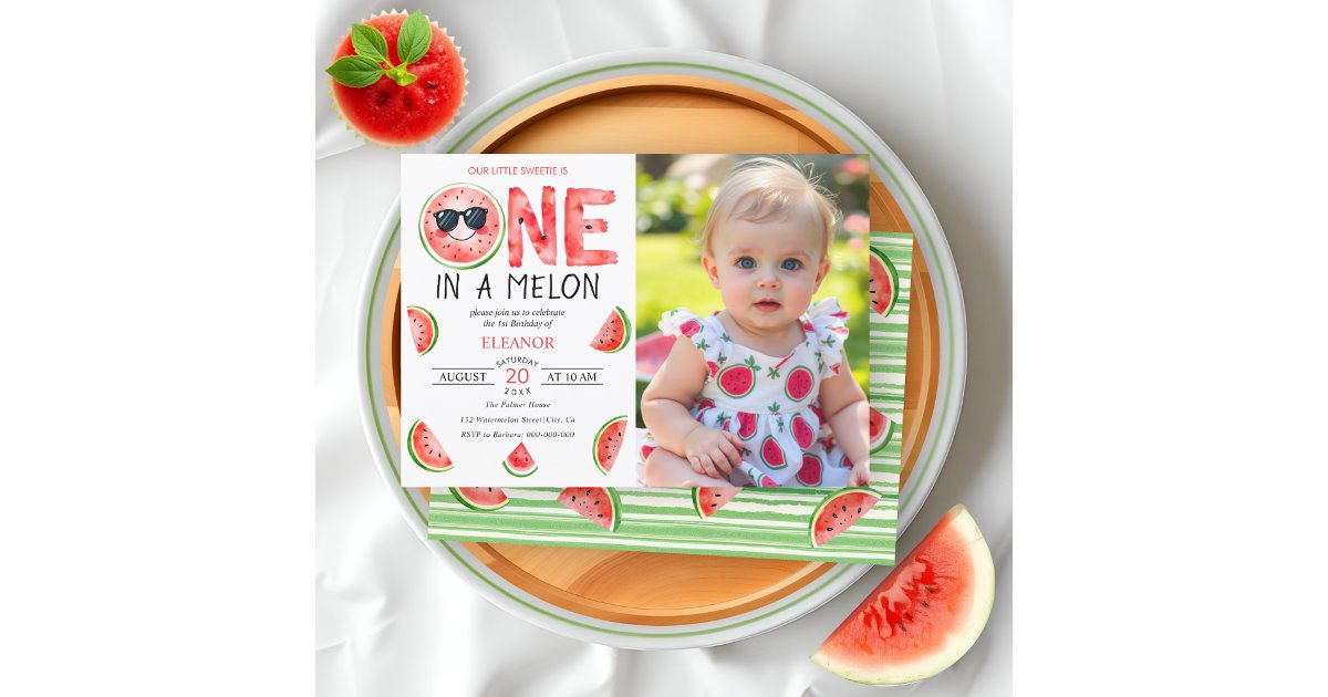 One in a melon 1st birthday watermelon party photo invitation | Zazzle