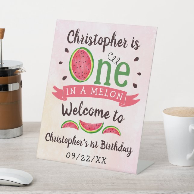 One In A Melon 1st Birthday Welcome Pedestal Sign (In SItu)