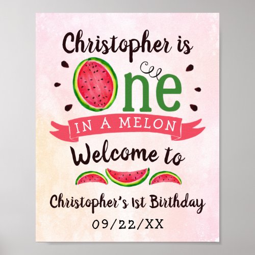 One In A Melon 1st Birthday Welcome Poster