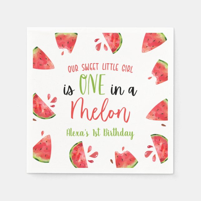 One In A Melon 1st First Birthday Party Watermelon Napkins (Front)