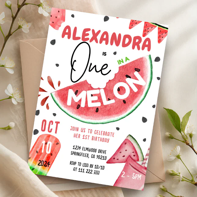 One in A Melon 1st Watermelon Girl Birthday Invitation | Zazzle