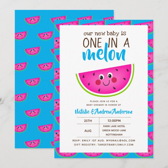 One In A MELON Baby Shower Blue Pink Modern Cute Invitation (Front/Back)