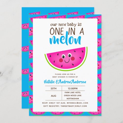 One In A MELON Baby Shower Blue Pink Modern Cute Invitation